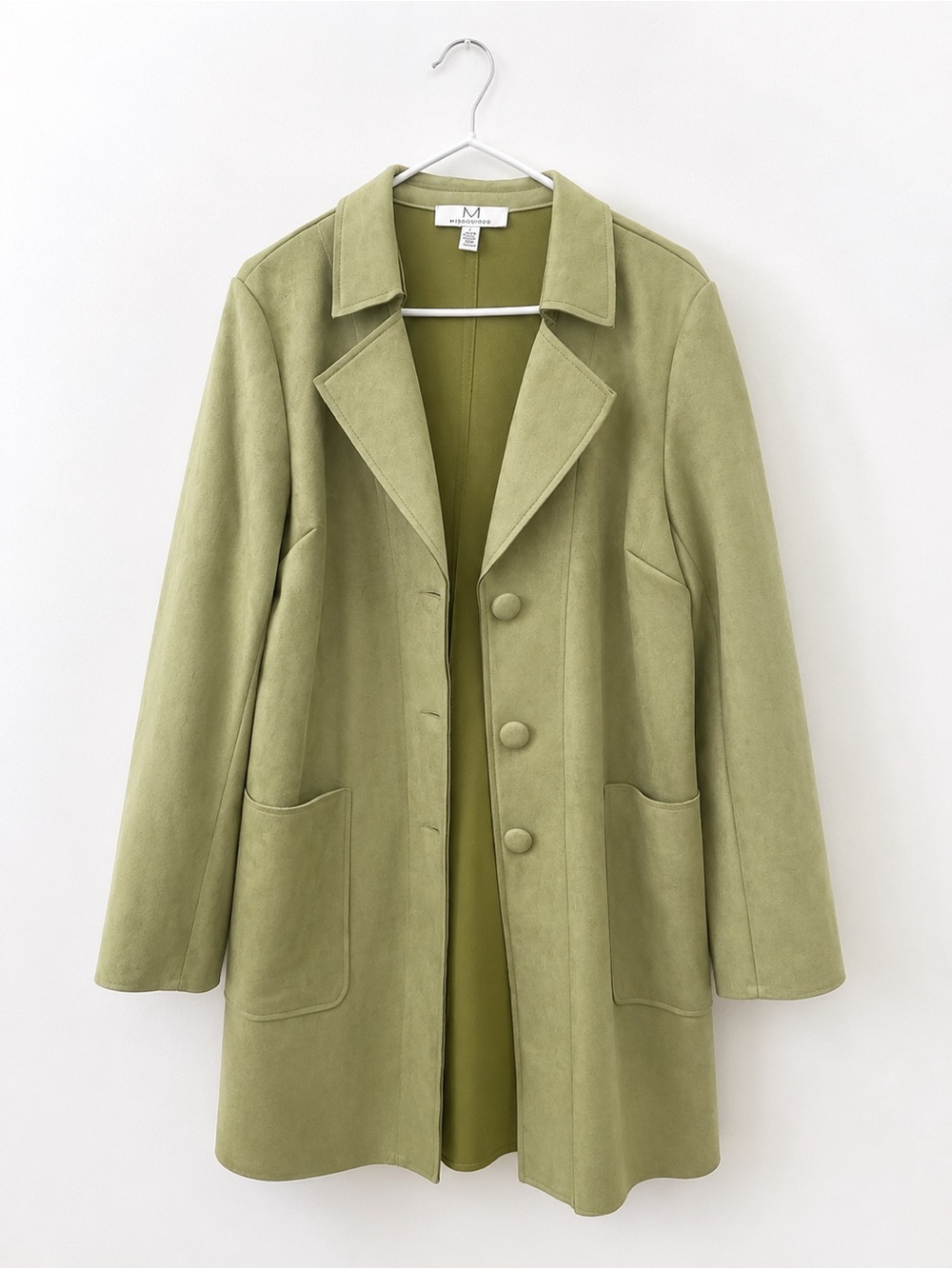 Olive Green Faux Suede Button Front Coat Jacket – Size L
